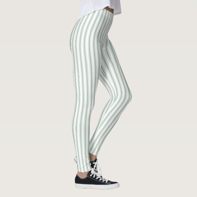 Mattress Ticking Stripe Mönster Moss Grönt White Leggings (Höger)
