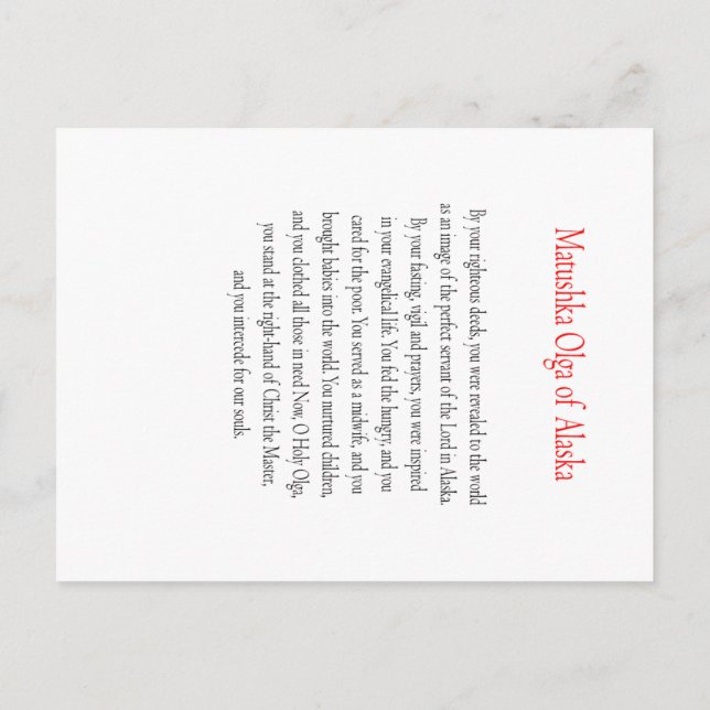 Matushka Olga från Alaska Bönkort Vykort (Baksida)