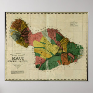 Maui, 1885, Vintage Hawaii Karta Poster