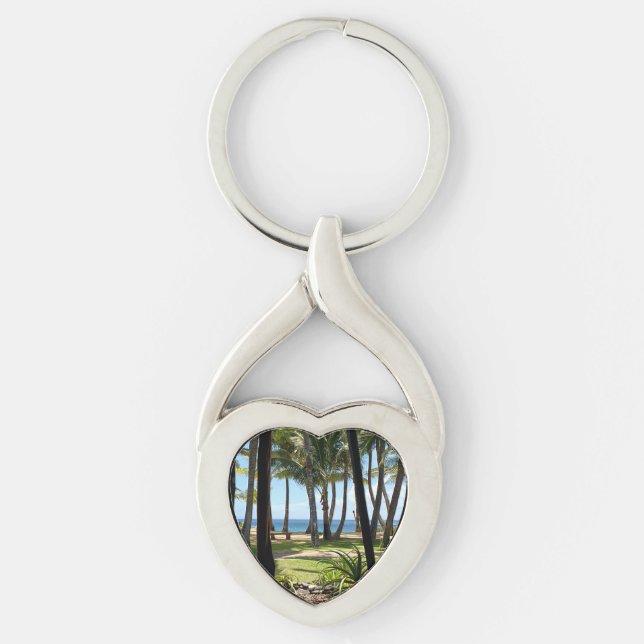 Maui Beach Hawaii Handflatan Träd Twisted Heart Silverfärgad Nyckelring (Framsidan)