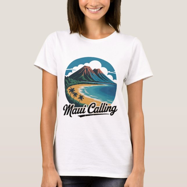Maui Calling - Retro Hawaiian Sunset Beach T-Shirt (Framsida)