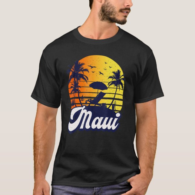 Maui Hawaii Hawaiian Sunset Beach Retro T Shirt (Framsida)