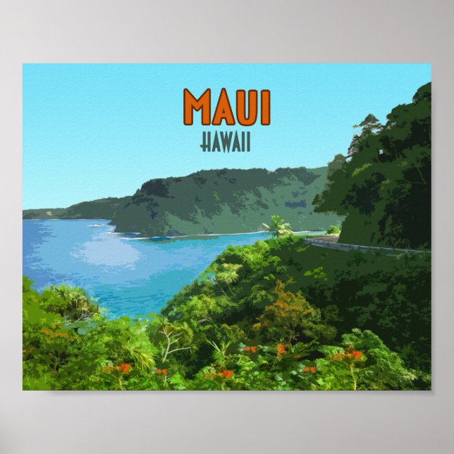 Maui Hawaii Kusten Hana Road Vintage Poster (Framsidan)