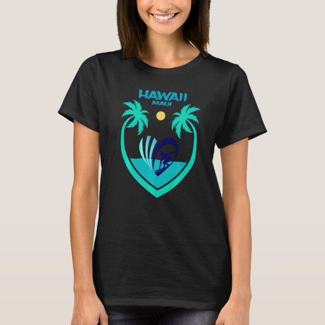 Maui Hawaii Surf Oahu Beach Palms Aloha  USA Souve T Shirt (Framsida)