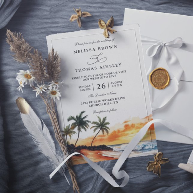 Maui Hawaii Tropical Beach Elegant QR Code Wedding Inbjudningar (Skapare uppladdad)