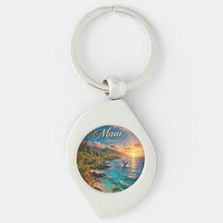 Maui Hawaii Tropisk kustlinje Reseskylt Swirl Silverfärgad Nyckelring