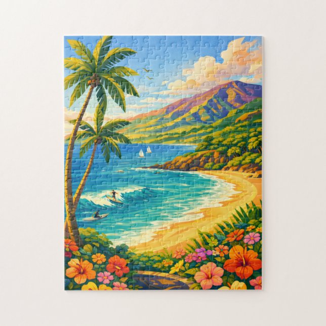 Maui Hawaii Tropisk Kustlinje Retro Resa Pussel (Vertikal)