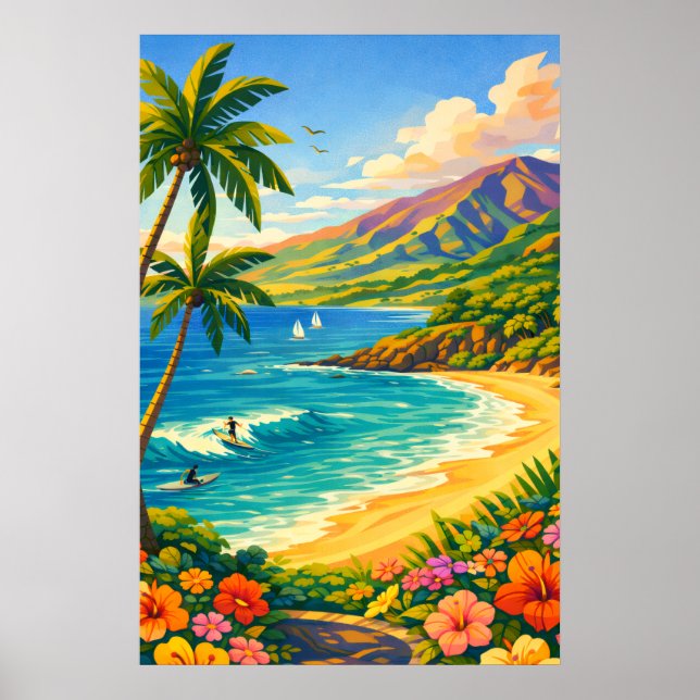 Maui Hawaii Tropisk kustlinje Retro resekonst Poster (Framsidan)