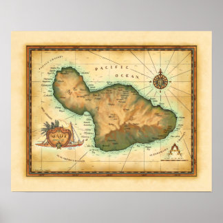 Maui Karta på Hawaiianska öarna Poster
