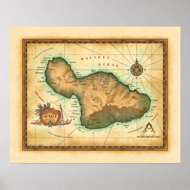 Maui Karta på Hawaiianska öarna Poster (Framsidan)