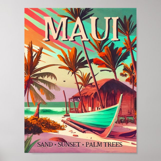 Maui ö Hawaii tropiska solnedgången handflatan trä Poster (Framsidan)