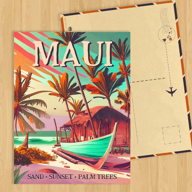 Maui ö Hawaii tropiska solnedgången handflatan trä Vykort (Skapare uppladdad)