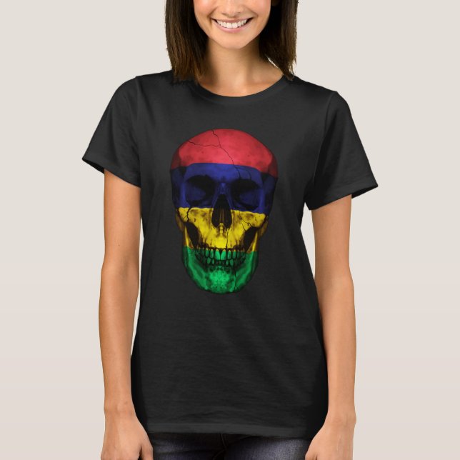 Mauritius Flag Skull Mauritian Roots Proud Patriot T Shirt (Framsida)