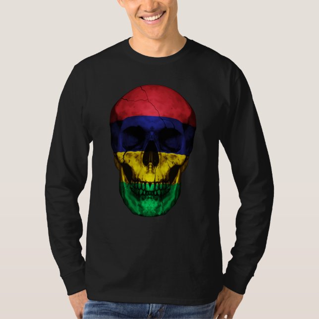 Mauritius Flag Skull Mauritian Roots Proud Patriot T Shirt (Framsida)