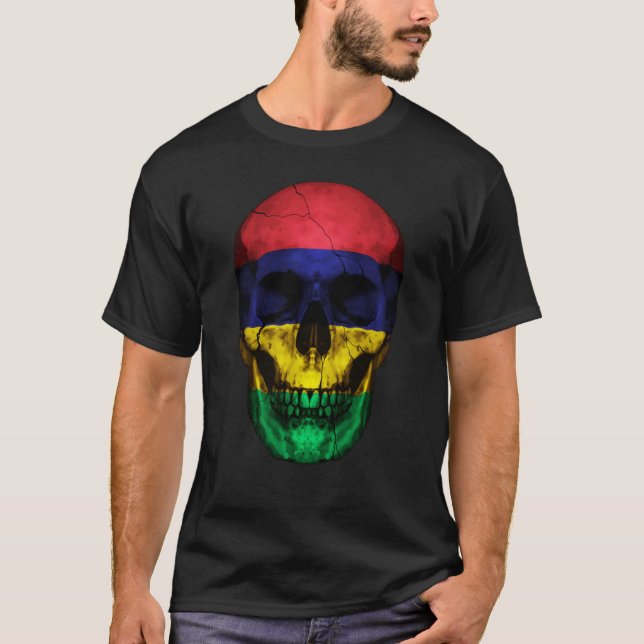 Mauritius Flag Skull Mauritian Roots Proud Patriot T Shirt (Framsida)
