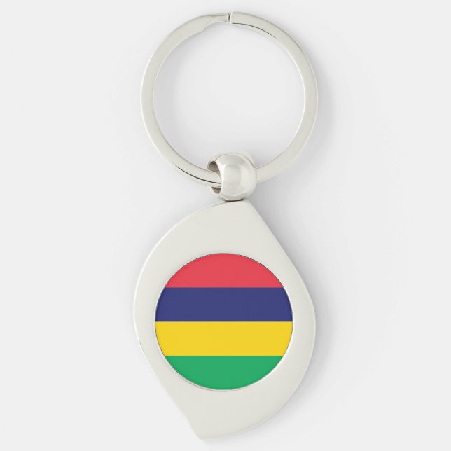 Mauritius Flagga Swirl Silverfärgad Nyckelring (Framsidan)
