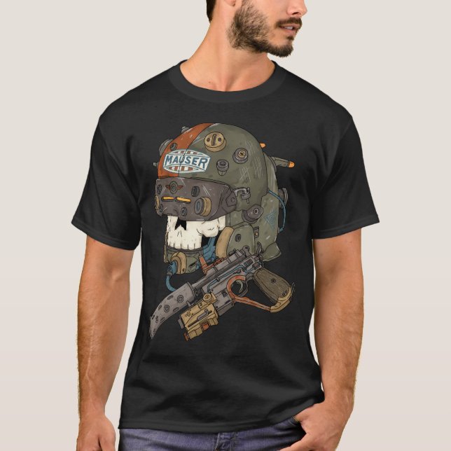 Mauser Pistol Pilot Cyberpunk Skull Helmet. T Shirt (Framsida)