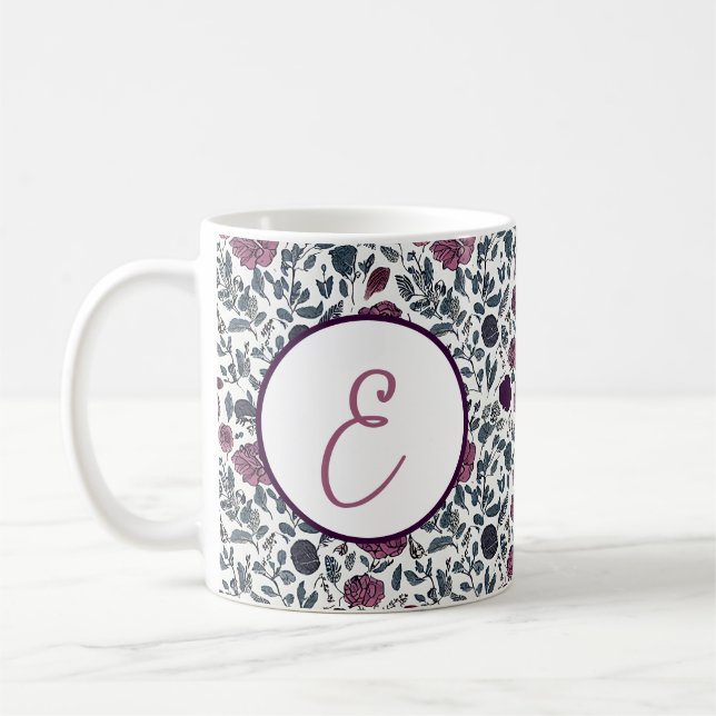 Mauve akvarell blommönster monogram kaffemugg (Vänster)