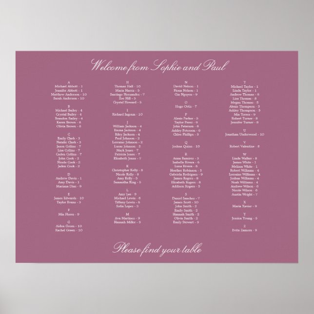 Mauve Alfabetical Seating Chart Poster (Framsidan)