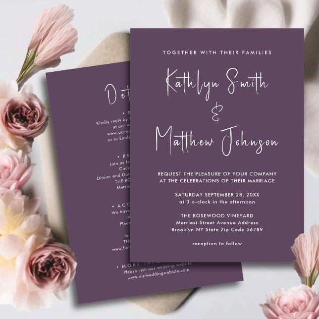 Mauve All in One Modern Script Minimalist Bröllop Inbjudningar (Skapare uppladdad)