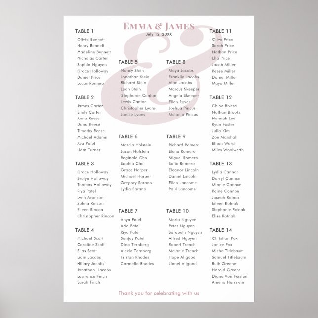 Mauve Ampersand Bröllop | 14 Bordsplacering Poster (Framsidan)