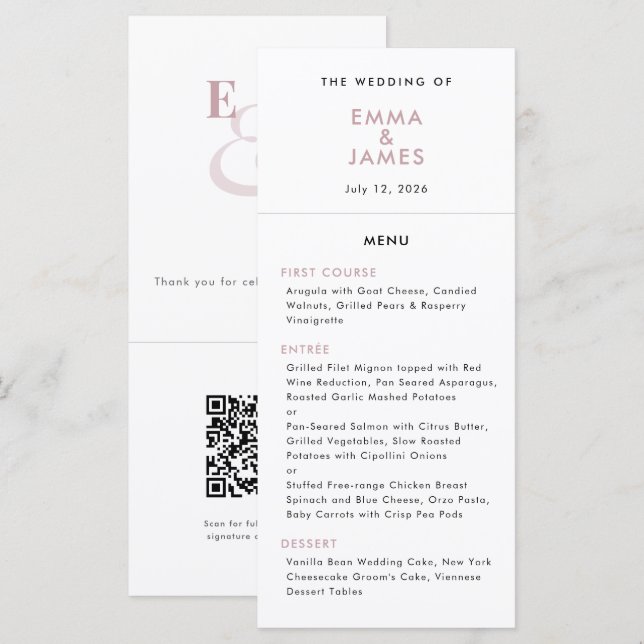Mauve Ampersand Bröllop | QR-kod | Elegant Meny (Fram/baksida)
