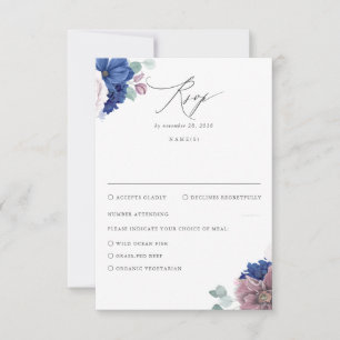 Mauve and Navy Blue Blommigt Bröllop OSA Kort