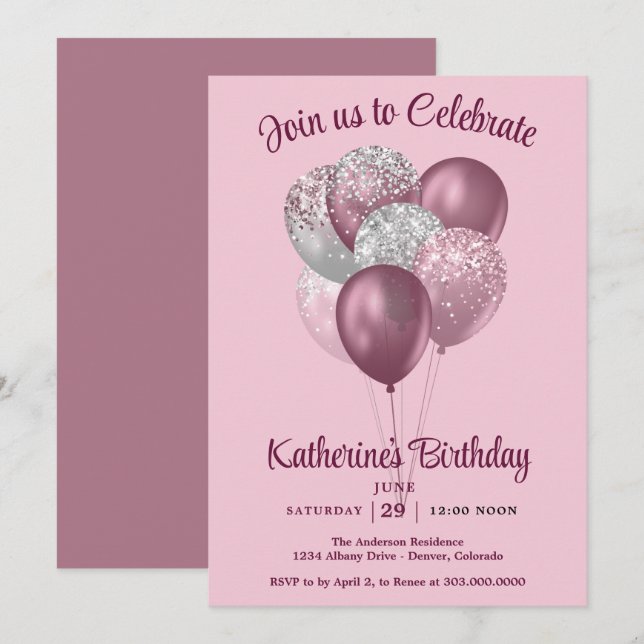 Mauve Ballonger Födelsedag  Inbjudningar (Fram/baksida)
