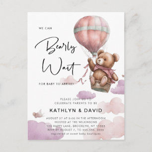 Mauve Balloon Vi kan tidigt vänta på Baby Shower Inbjudan Vykort