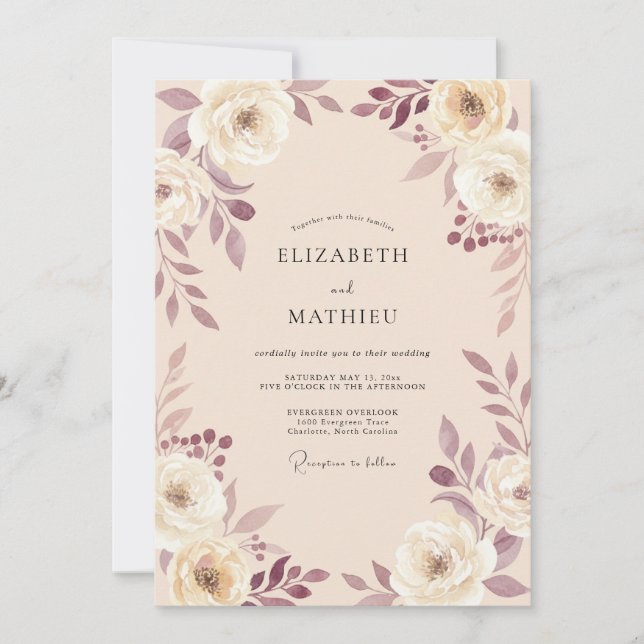 Mauve Blommig Båge Romantisk Bröllop Inbjudningar (Framsida)