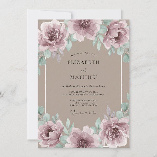 Mauve Blommig Konstnärlig Bröllop Inbjudningar (Framsida)