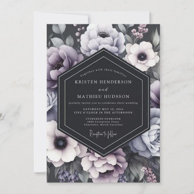 Mauve Blommig Mörk Romantisk Bröllop Inbjudningar (Framsida)