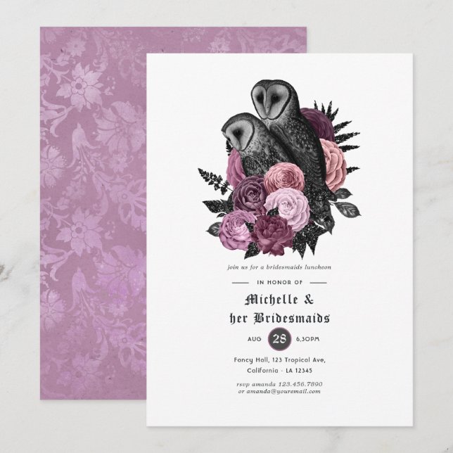 Mauve Blommiga Ugglor Gotisk Brudtjejlunch Inbjudningar (Fram/baksida)