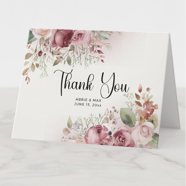 Mauve  Blommigt 4-Photo Bröllop Tack Kort (Elegant mauve and blush rose wedding thank you folded card personalized with 4 photos.)