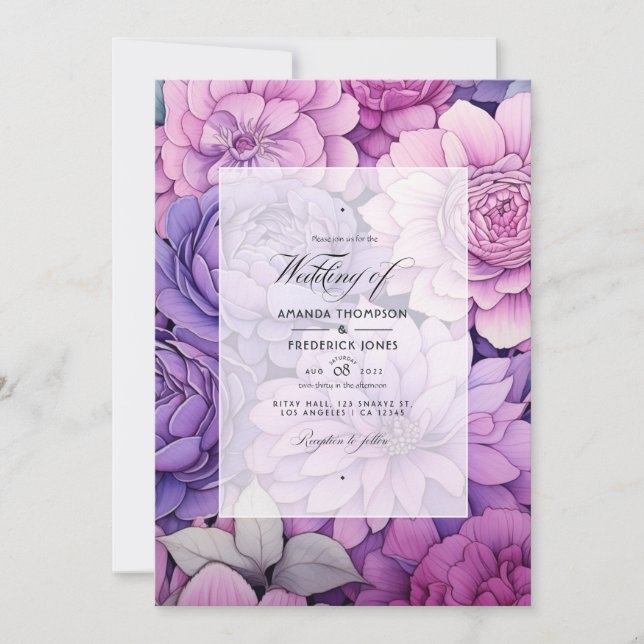 Mauve Blommigt Bröllop Inbjudningar (Framsida)