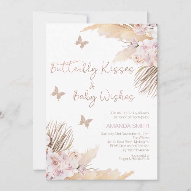  Mauve Blommigt Butterfly Kisses Baby Shower Inbjudningar (Framsida)
