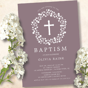 Mauve Blommigt Girls Baptism-inbjudan Inbjudningar