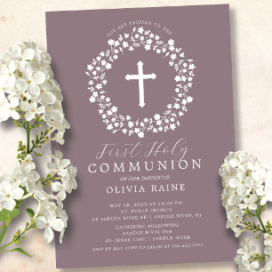 Mauve Blommigt Girls First Communion Inbjudningar