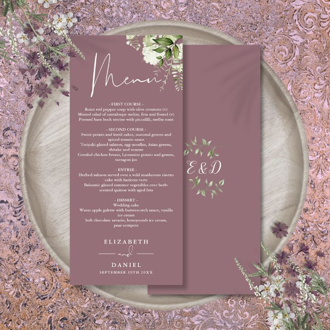 Mauve Blommigt Greenery Monogram Bröllop Middag Meny (Mauve Floral Greenery Monogram Wedding Dinner Menu)