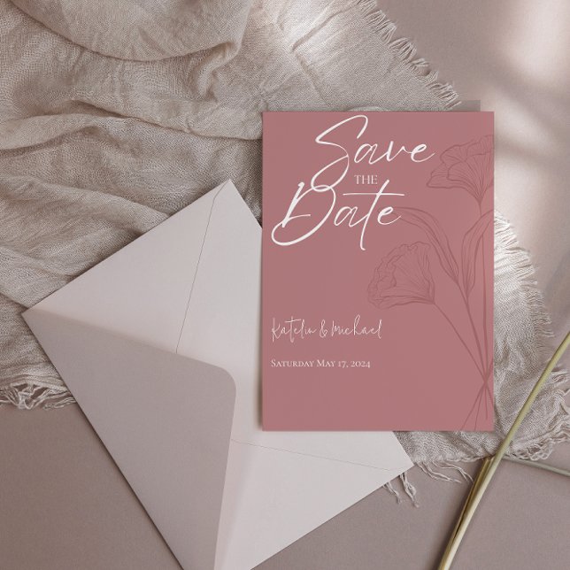Mauve Blommigt Line Art Bröllop spara datum Spara Datumet (Skapare uppladdad)