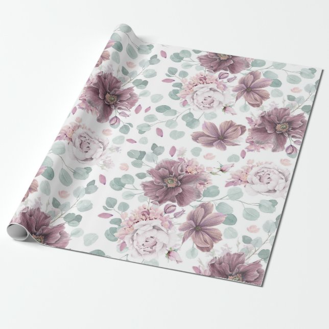 Mauve Blommigt och Eucalyptus Löv Elegant Presentpapper (Utrullad)
