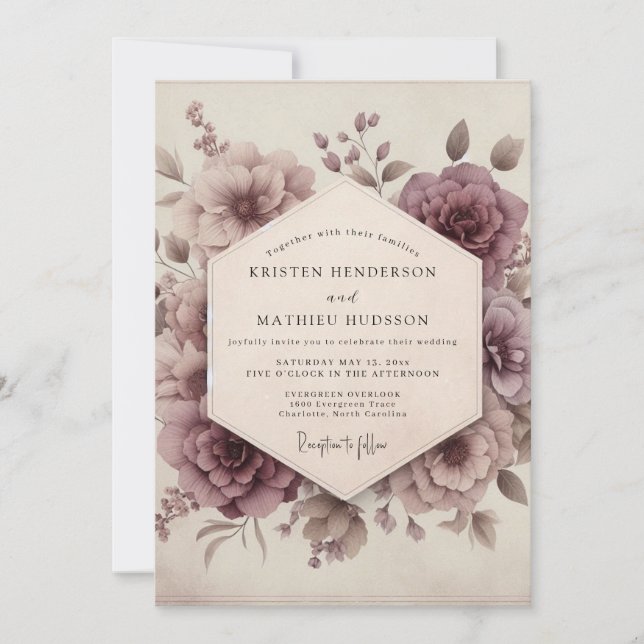 Mauve Bloom Romantisk Vintage Bröllop Inbjudningar (Framsida)