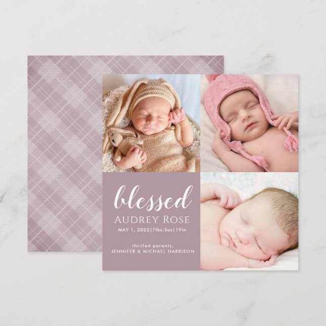 Mauve Blsed Baby Three Photo Collage Play Birth Meddelande (Fram/baksida)