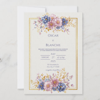 Mauve Blue Botanical Gold Frame Wedding Inbjudningar