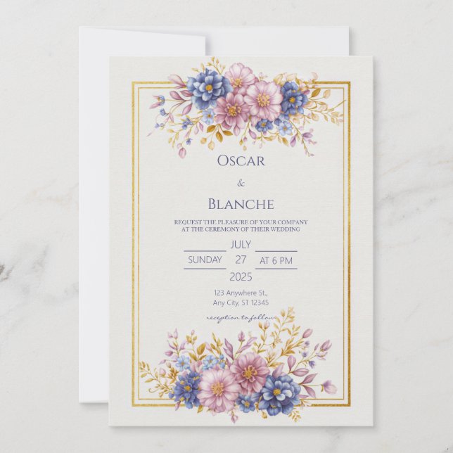 Mauve Blue Botanical Gold Frame Wedding Inbjudningar (Framsida)