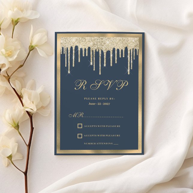 Mauve Blue guld glitter droppar lyxOSA Inbjudningar (Mauve blue gold glitter drips luxury RSVP )