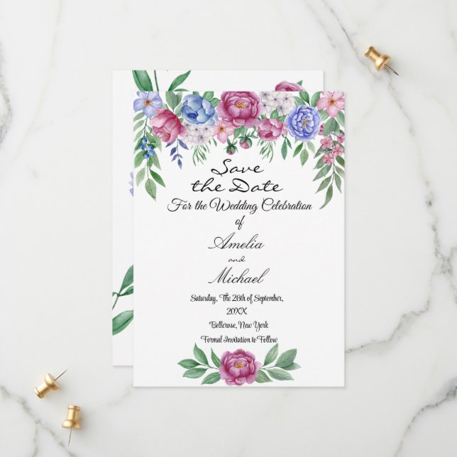 Mauve Blue Peonies Blommigt Spara Datumet (Fram/Back In Situ)