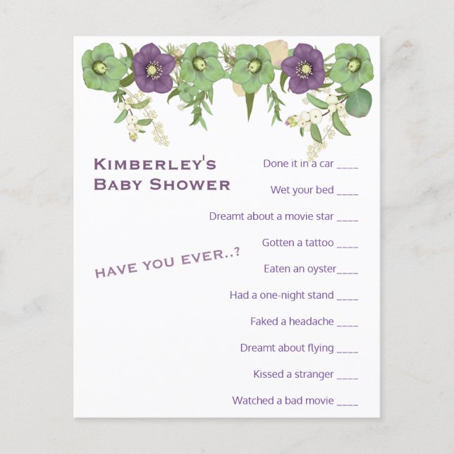 Mauve Boho Blommigt Wierdest Game Shower Activity (Framsida)