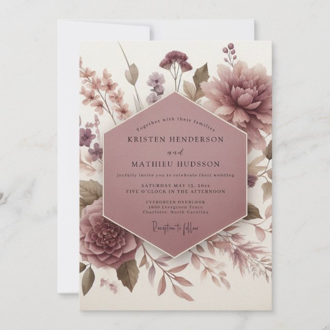 Mauve Botanisk Blommande Bröllop Inbjudningar (Framsida)