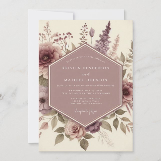 Mauve Botanisk Whimsisk Bröllop Inbjudningar (Framsida)